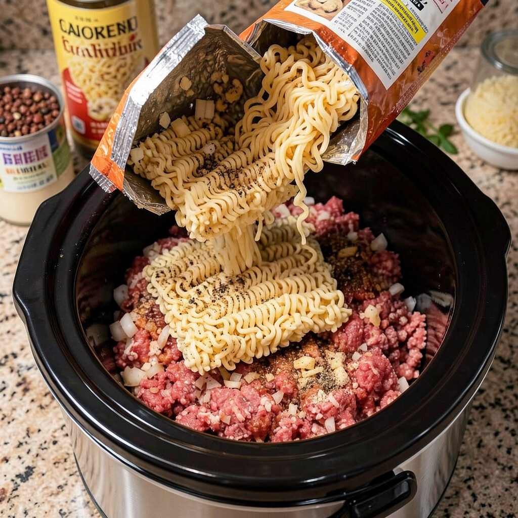 Easy Slow Cooker Ground Beef and Ramen Noodle Dish